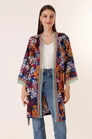 By Saygı Mixed Pattern Satin Long Kimono Jacket Black