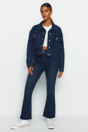 Trendyol Dark Blue High Waist Crop Flare Jeans