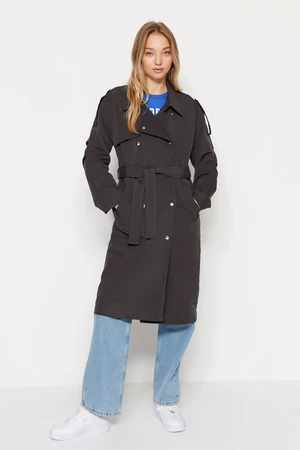 Trendyol Anthracite Oversized Belted Trench Coat with Snap Fastener