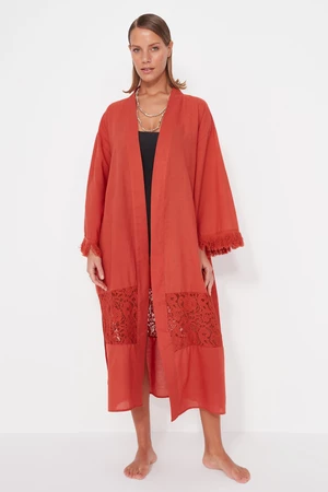 Trendyol Cinnamon Belt Maxi Woven Ruched 100% Cotton Kimono & Caftan