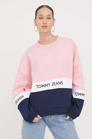 Mikina Tommy Jeans dámská, růžová barva, vzorovaná, DW0DW17705