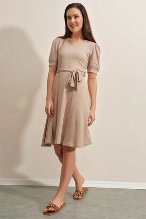 Bigdart 2370 Belted Knitted Dress - Beige