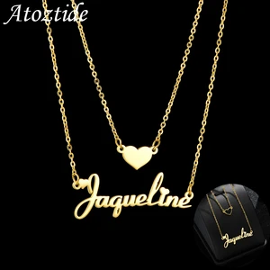 Atoztide Customized Name Necklace Heart Choker Stainless Steel Summer Letter Double Layers Chain Pendant Jewelry for Women Gift