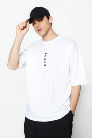 Trendyol White Oversize/Wide Cut Far East Text Printed Short Sleeve 100% Cotton T-Shirt