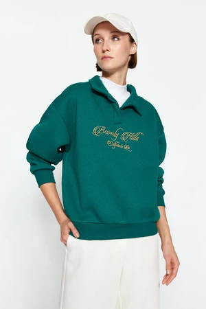 Trendyol Emerald Green Shirt Collar Embroidered Regular Fit Fleece Inside Knitted Sweatshirt