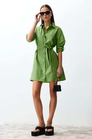 Trendyol Green Belted Fabric Textured Mini Woven Shirt Dress