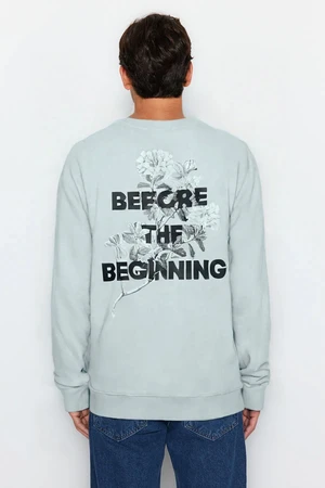 Trendyol Ice Blue Regular Cut Floral and Text Printed Inside Polar Fleece Sweatshirt