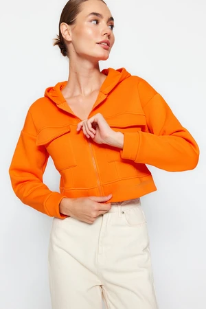 Trendyol Orange Comfortable Cut Crop Pocket Detailed Hooded Thick Inside Fleece Knitted Sweatshirt