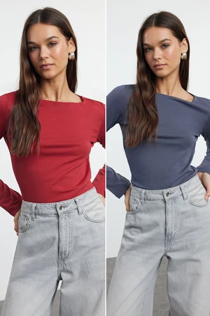 Trendyol Red-Anthracite Double Pack Boat Neck Fitted/Body-Smoothing Knitted Blouse