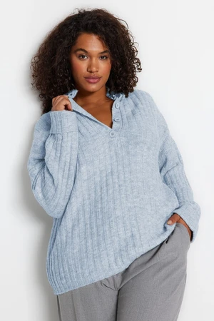 Trendyol Curve Baby Blue Ribbed Buttoned Knit Sweater