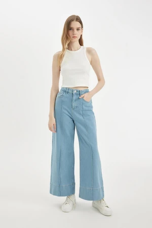 DEFACTO Short Wide Leg High Waist Ankle Length Jean Washed Trousers