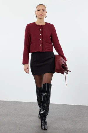 Trendyol Burgundy Crop Woven Tweed Jacket