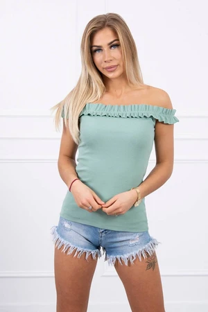 Shoulder blouse with frills dark mint