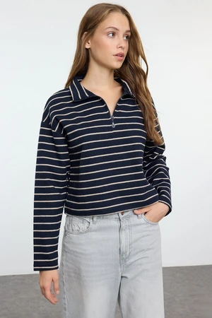 Trendyol Navy Blue Striped Thessaloniki Zippered Stand Collar Regular/Normal Fit Knitted Sweatshirt