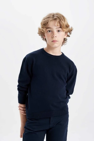 DEFACTO Boy Navy Blue Crew Neck Basic Plain Knitwear School Sweater