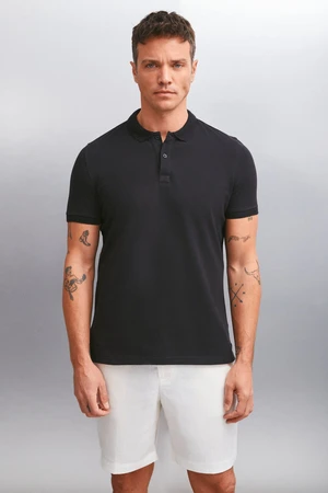 GRIMELANGE Foret Men's 100% Cotton Short Sleeve Regular Fit Black Polo Neck T-shirt