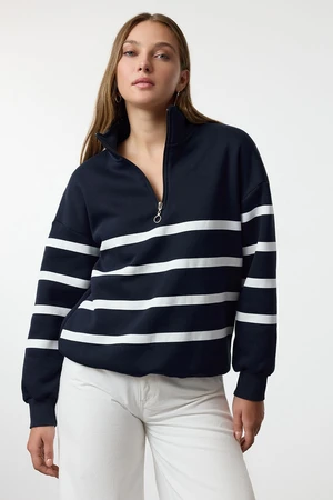 Trendyol Navy Blue Zipper Detailed Striped Regular/Normal Pattern Knitted Sweatshirt