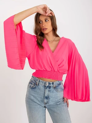 Fluoro-pink formal blouse with clutch neckline