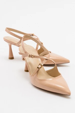 LuviShoes COJE Beige Patent Leather Women's Pointed Toe Thin Heel Shoes