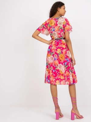 Pink Pleated Floral Dress with Short Sleeves