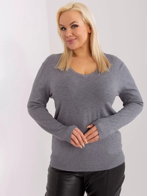 Dark gray oversized knitted sweater with V-neck pattern