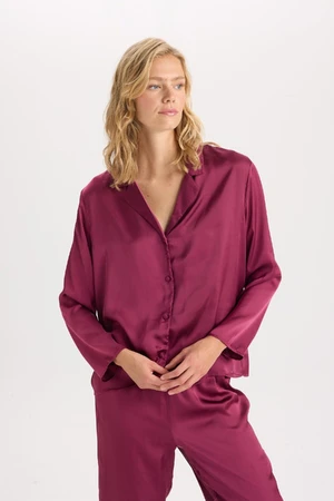 DEFACTO Fall In Love Pajama Set Basic Plain Satin Long Sleeve Top Elastic Waist Bottom