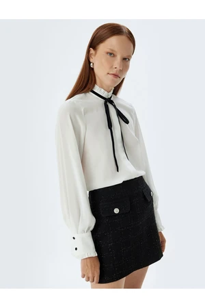 Koton Frilled Stand Collar Shirt with Bow Tie Detail Crepe Fabric