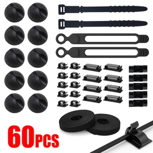 60PCS Desk Cable Winder Organizers Kit For Charger Wire Data Cord Headphone Line Clips Table Desktop Tidy Fixer Management Clamp