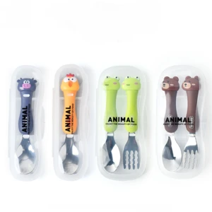 Cute Cartoon Stainless Steel Kids Cutlery Set Baby Spoon And Fork Children Utensils Gadgets Children Feeding Tableware With Box