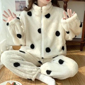 Winter New Sleepwear Women's Long Plush High Neck Zipper Long Sleeve Pants Cartoon Cute Warm Coral Plush Large Home Fur Set