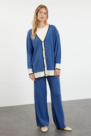 Trendyol Indigo Color Block Knitwear Cardigan Trousers Bottom-Top Set