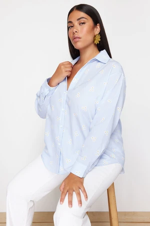 Trendyol Curve Blue Striped Floral Cotton Woven Plus Size Shirt