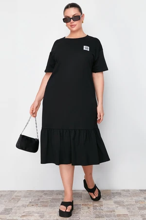 Trendyol Curve Black Gathered and Label Detailed 100% Cotton Knitted T-shirt Dress