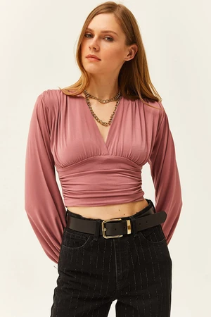 Olalook Women's Pale Pink Deep Decollete Waist Banded Crop Blouse