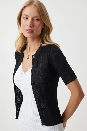 Happiness İstanbul Women's Black Openwork Seasonal Knitwear Cardigan