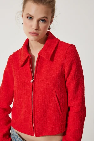 Happiness İstanbul Women's Red Zippered Shirt Collar Tweed Jacket