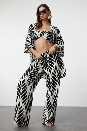 Trendyol Tropical Patterned Woven 3-Piece Kimono Pants Set