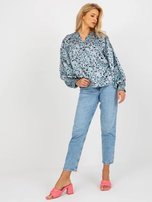 Blue and black leopard print satin shirt