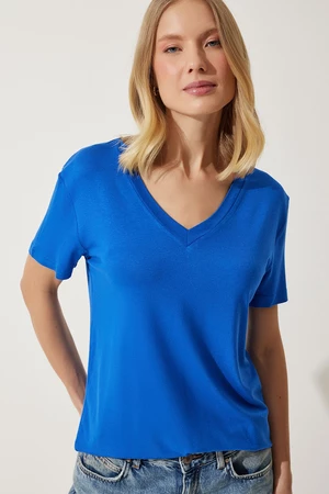 Happiness İstanbul Women's Cobalt Blue V-Neck Basic Viscose Knitted T-Shirt