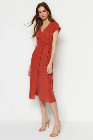 Trendyol Cinnamon Belted Double Breasted Midi Woven Woven Dress