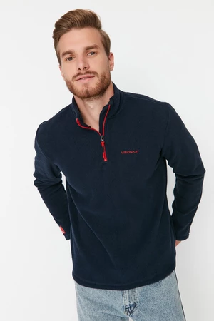 Trendyol Navy Blue Men's Regular Fit Zippered Standing Collar Long Sleeved Thick Sweatshirt with Embroidered Tag Appliqués.