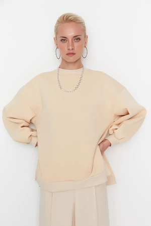 Trendyol Beige Oversize/Wide Fit With Slit Detail, Fleece Inside Knitted Sweatshirt