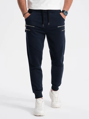 Ombre Men's sweatpants with decorative zippers - navy blue