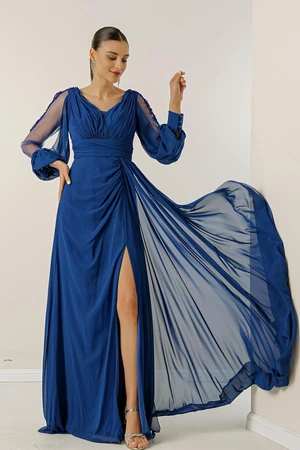 By Saygı V-Neck Long Evening Chiffon Dress with Draping and Lined Sleeves.