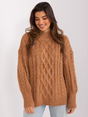 Camel sweater with cables and cuffs