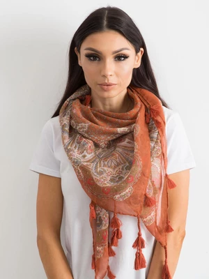 Light brown scarf with fringe and print