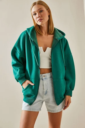 XHAN Emerald Green Zippered Hooded Sweatshirt