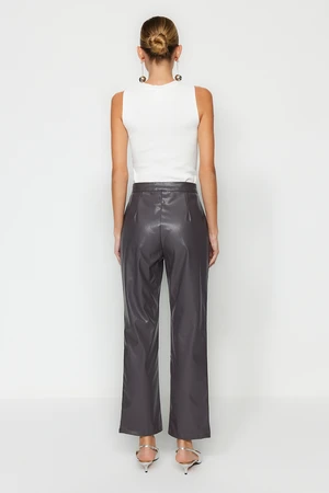 Trendyol Anthracite Straight Weave Faux Leather Trousers