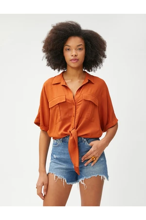 Koton Crop Shirt with Pocket Tie Detail Short Sleeve Viscose