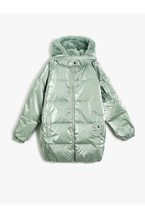 Koton Long Shiny Puffy Coat Hooded with Imitation Detailed.